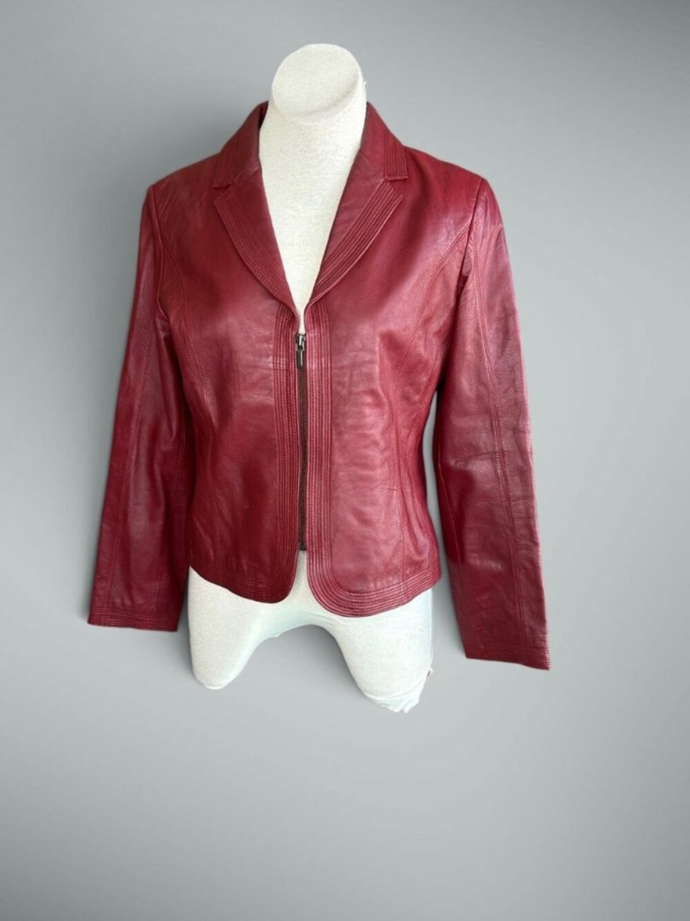 Nine West Burgundy Red Leather Full Zip Moto Jacket Size M